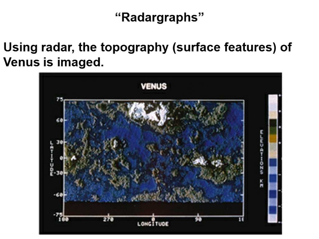 “Radargraphs” Using radar, the topography (surface features) of Venus is imaged.